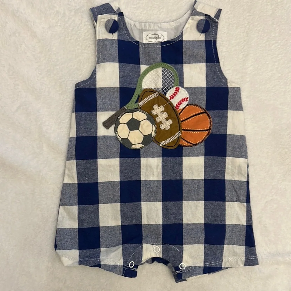 EUC Mud Pie blue gingham sports applique & grey knit safari animal rompers 3/6mo